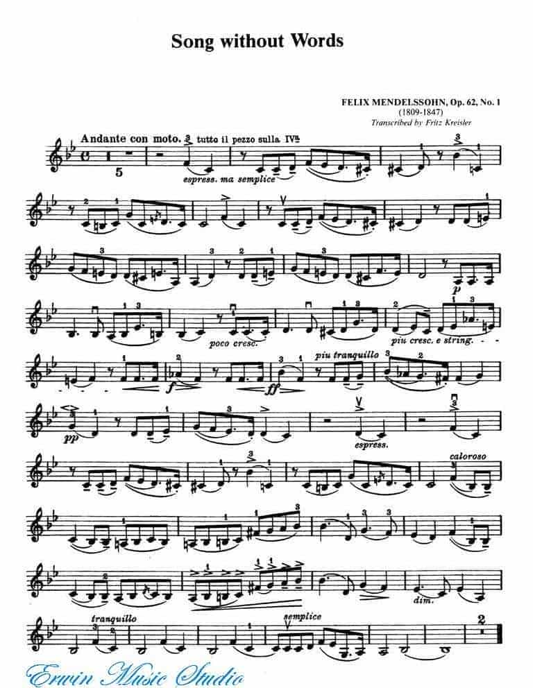 克莱斯勒-门德尔松-无词歌 (五月的微风)作品62Violin Fritz Kreisle, Song without Words Op.62,No.1_第1张