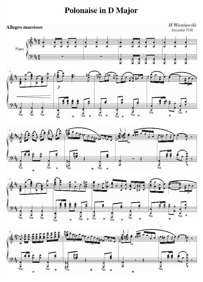 维尼亚夫斯基 Polonaise in D Major钢琴谱_第1张