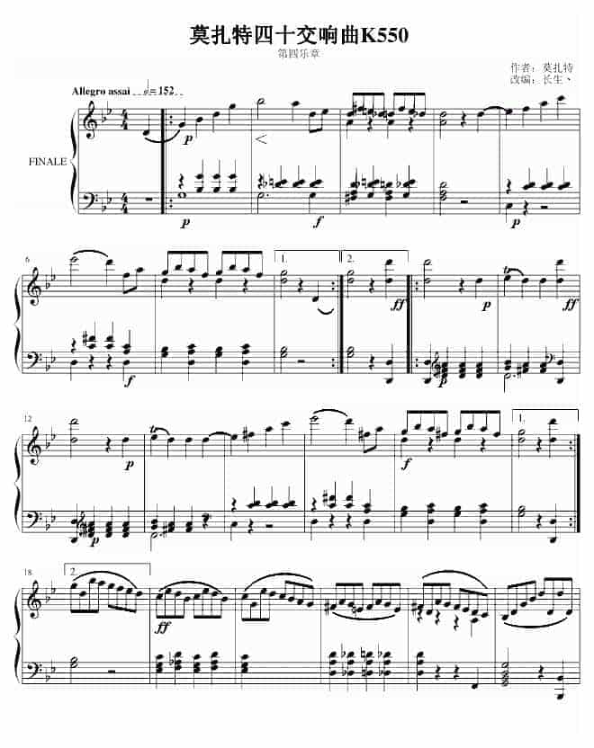 莫扎特第四十交响曲第四乐章 钢琴谱_第1张