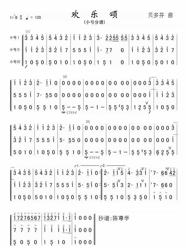 【欢乐颂 贝多芬 曲】小号分谱 军乐简谱_第1张