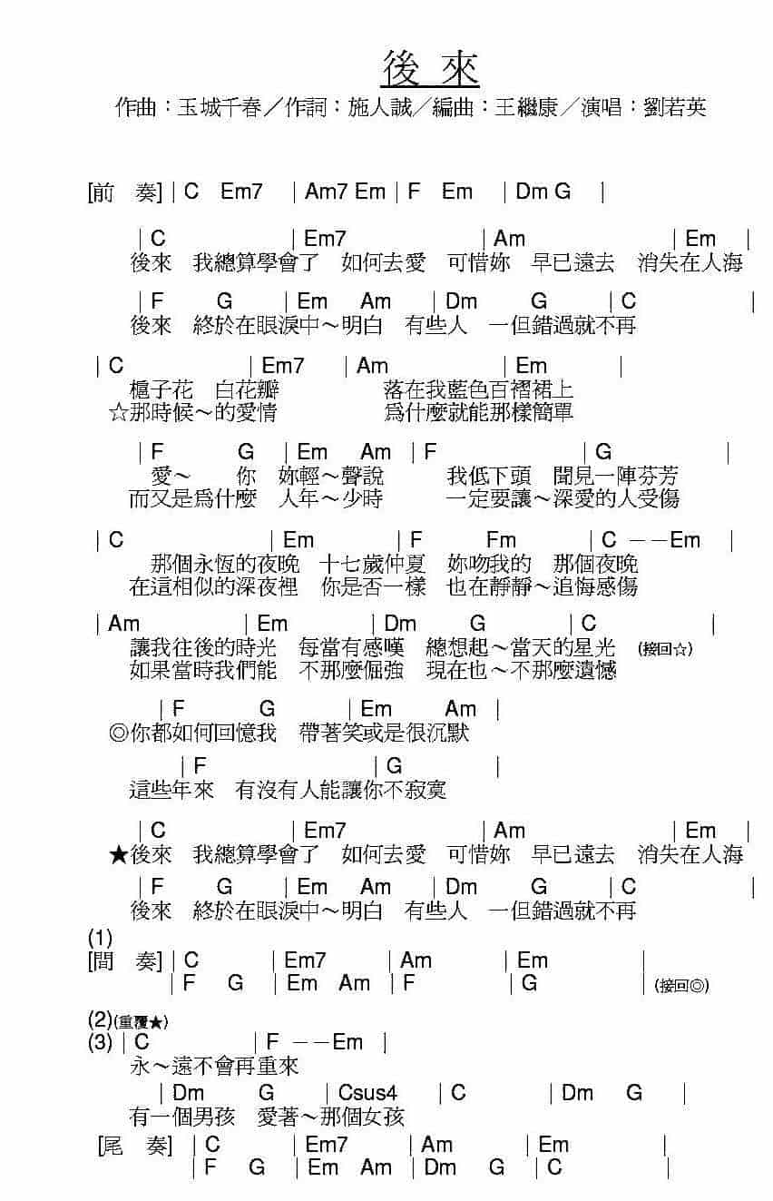 尤克里里图片谱【后来】UKULELE弹唱曲谱_第1张