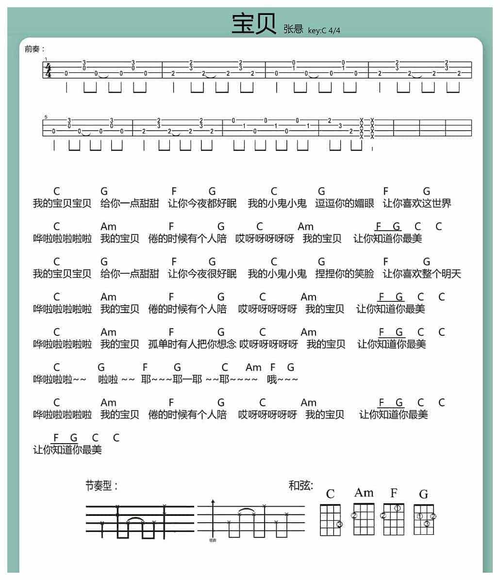 ukulele谱【宝贝】张悬 多版本尤克里里谱_第1张