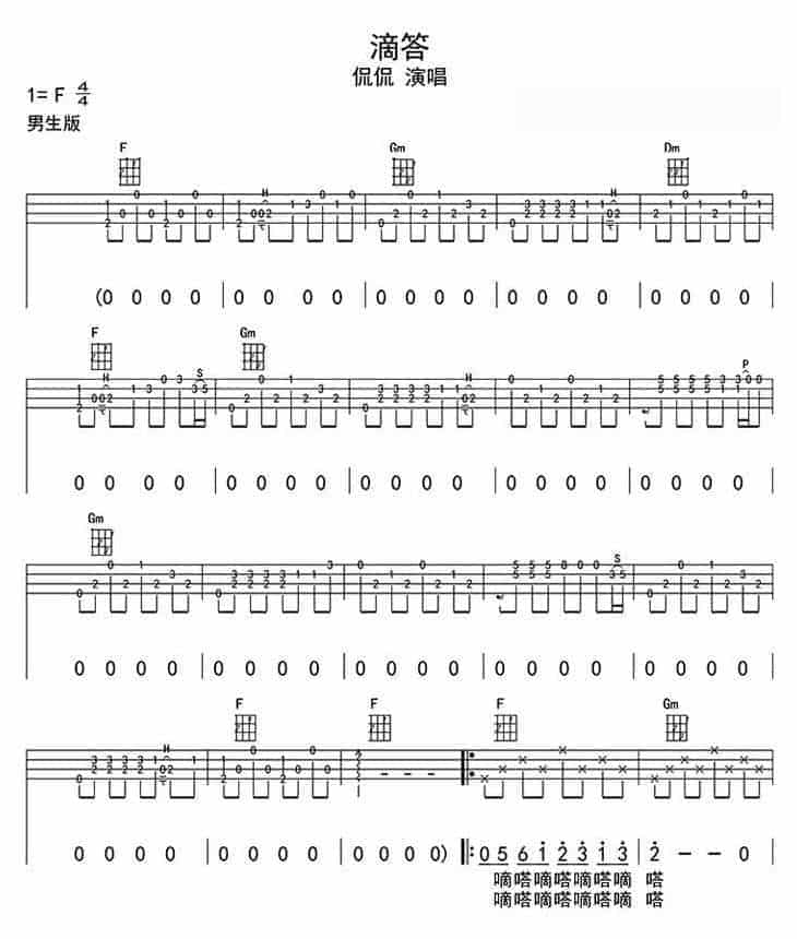 UKULELE谱【滴答】侃侃 四线谱_第1张