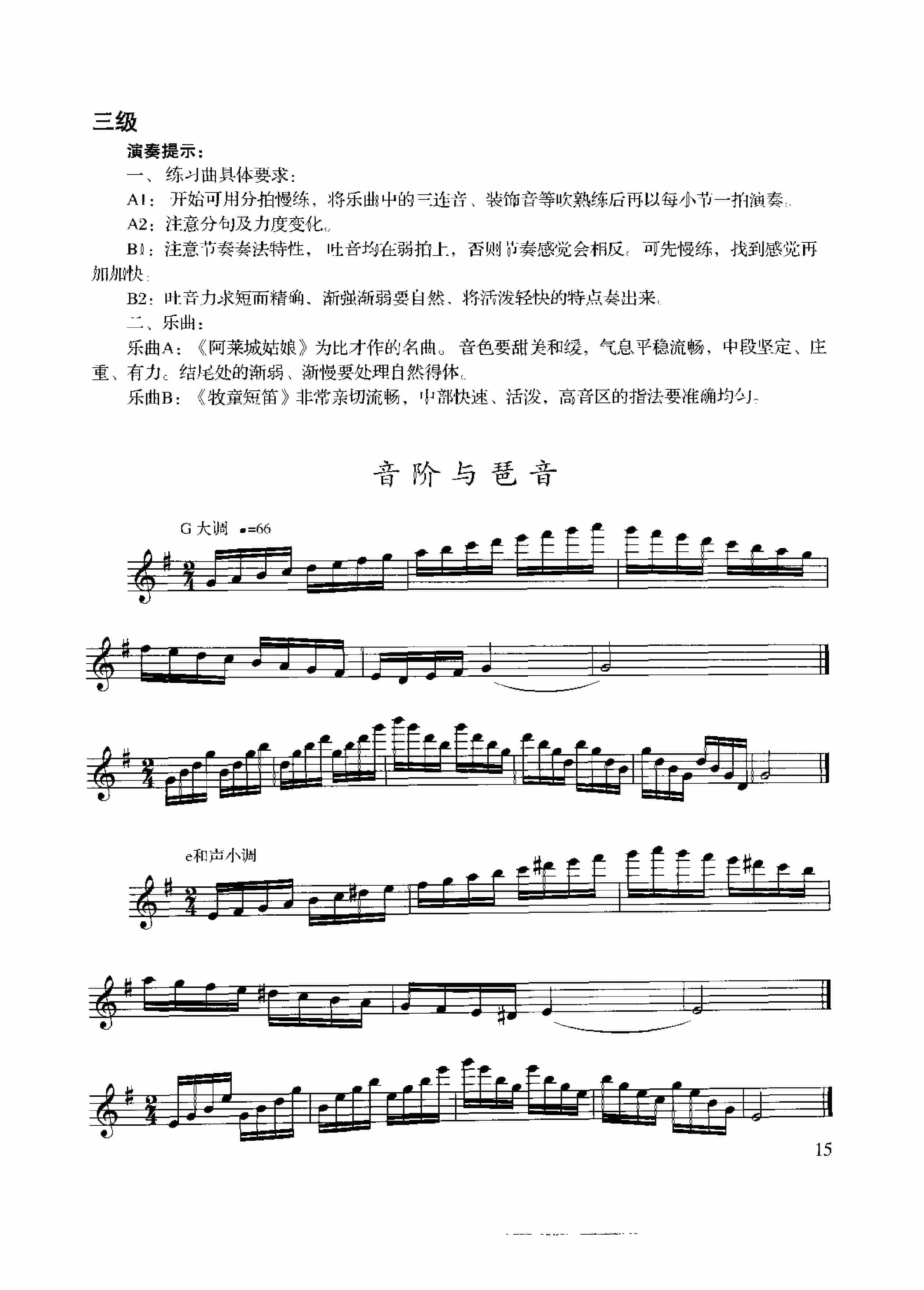 长笛考级曲集:三级【G大调 e和声小调】音阶与琶音练习曲_第1张