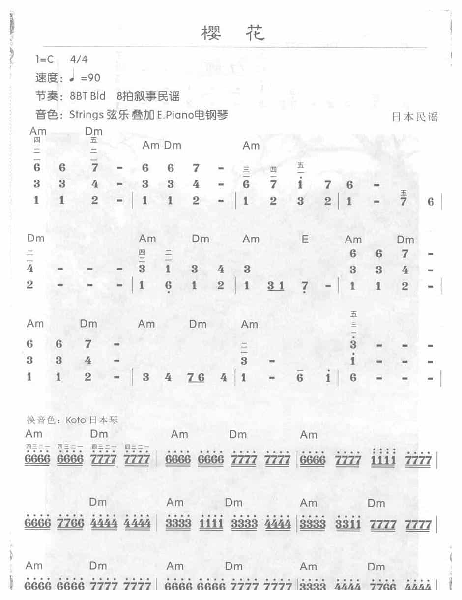 电子琴C大调a小调乐曲【樱花】简谱带和弦_第1张
