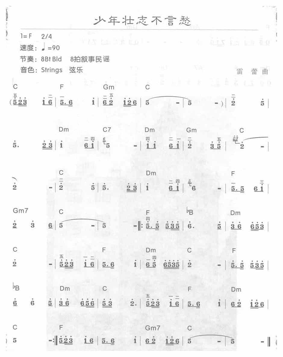 电子琴F大调d小调乐曲【少年壮志不言愁】简谱配和弦_第1张
