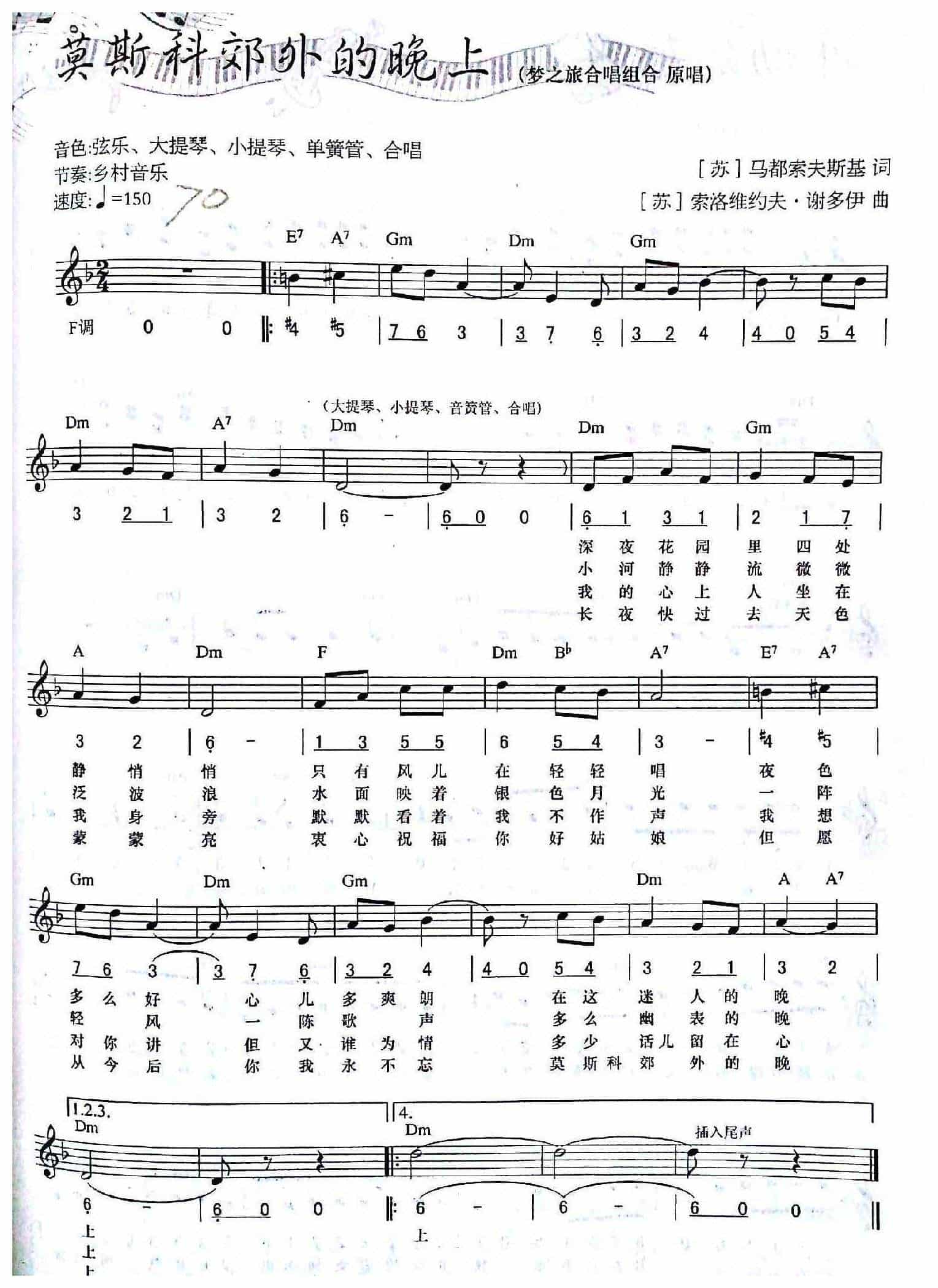 九十年代流行电子琴曲谱《莫斯科效外的晚上》_第1张
