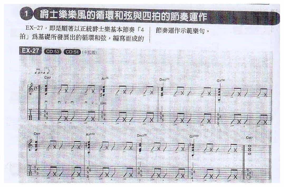 电吉他和弦教学《爵士乐乐风的循环和弦与四拍的节奏运作》爵士/融合乐_第1张