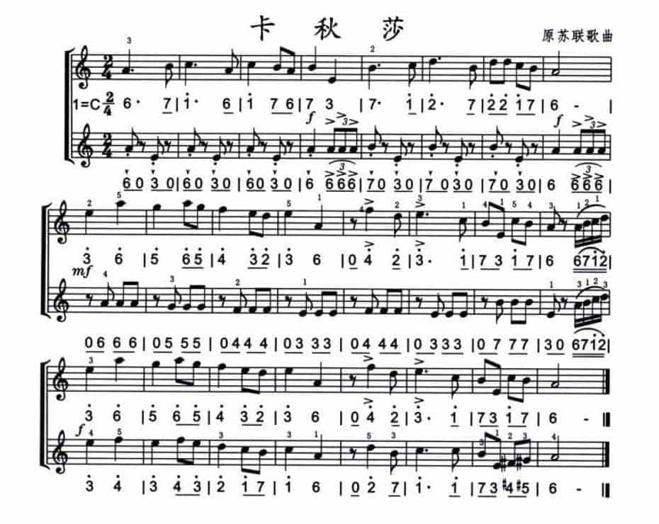 口风琴乐谱《卡秋莎》快乐双人组_第1张