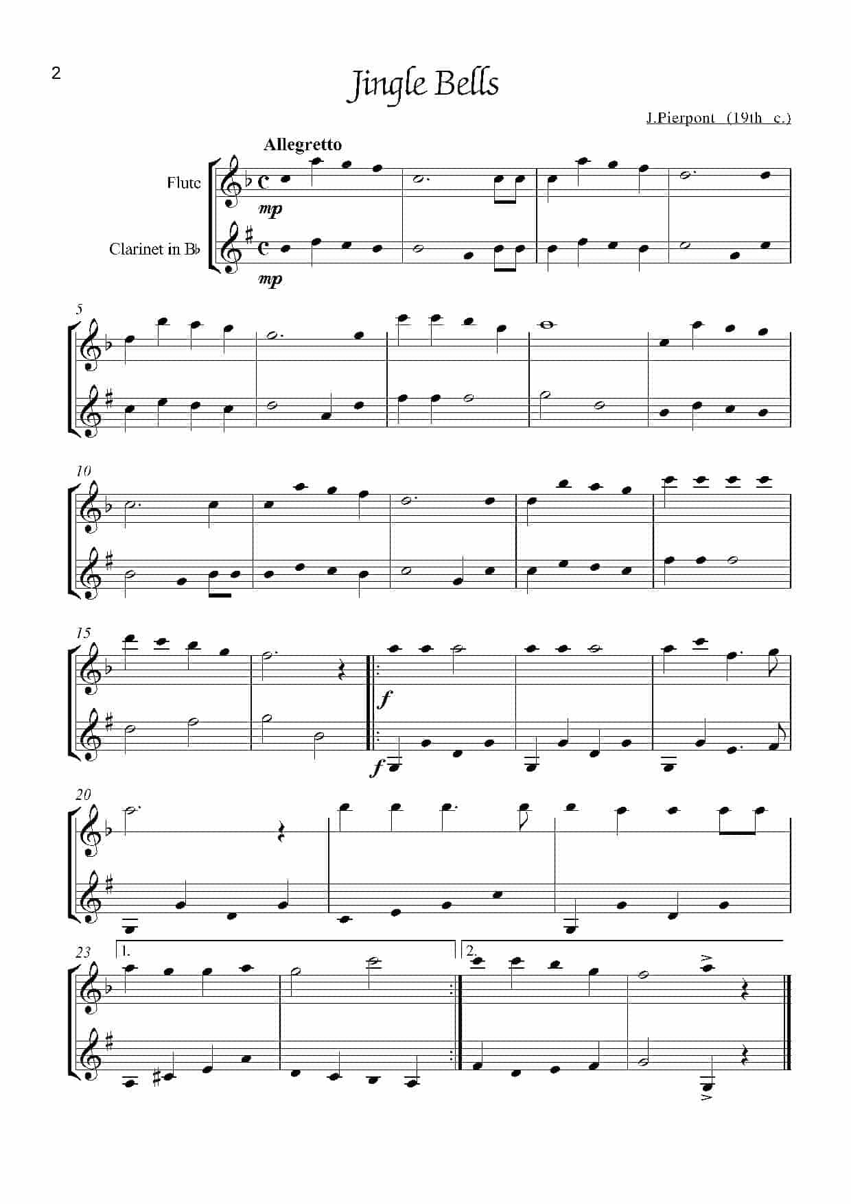 长笛、单簧管圣诞颂歌二重奏曲谱：Jingle Bells（for flute and clarinet in Bb）_第1张