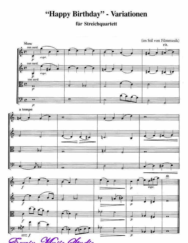 电影音乐风格-生日快乐 变奏版 弦乐四重奏谱Score Variation-im Stil von Filmmusik Happy Birthday_第1张