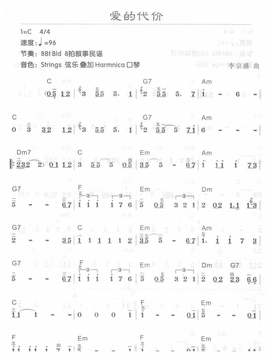电子琴C大调a小调乐曲【爱的代价】简谱带和弦_第1张