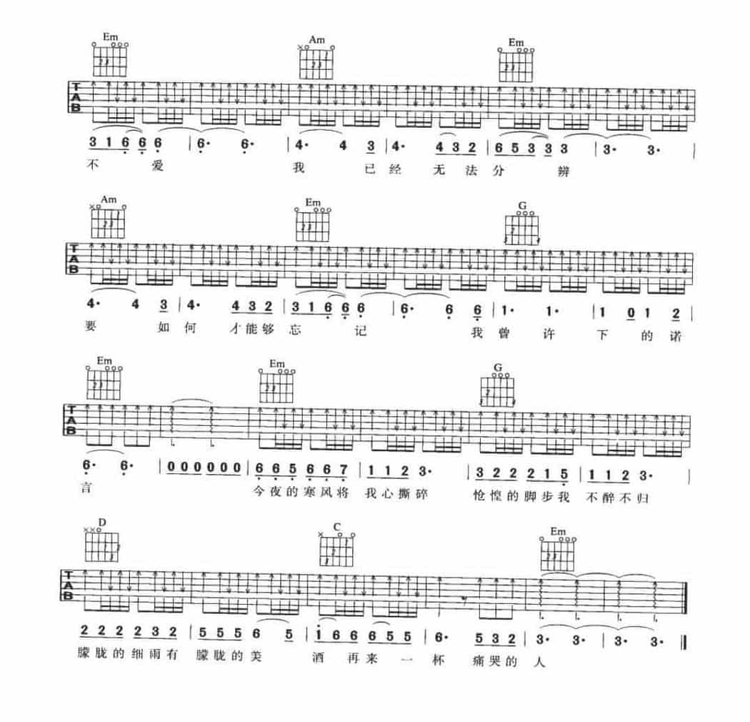 适合吉他初学者弹的歌曲《痛哭的人》e小调/八六拍/扫弦_第2张