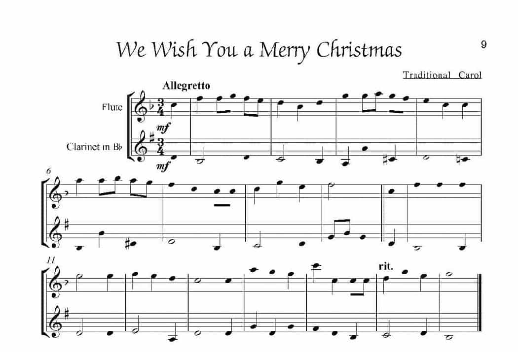 长笛、单簧管圣诞颂歌二重奏曲谱：We Wish You a Merry Christmas（for flute and clarinet in Bb）_第1张