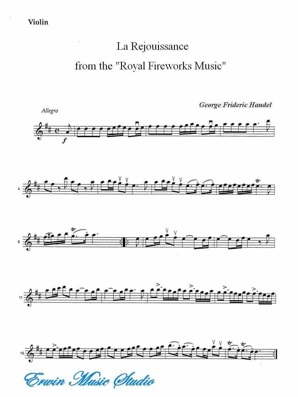 乔治弗里德里克亨德尔-欢乐庆祝时刻 弦乐三重奏分谱Violin George Frideric Handel, La Rejouissance from Royal Fireworks Music_第1张