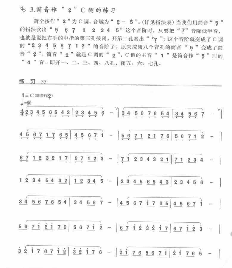 箫的几个常用调的练习，筒音作“2”C调的练习_第1张
