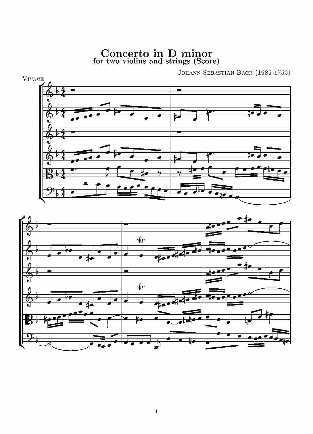 Concerto in D minor for two violins and string(Score)_第1张