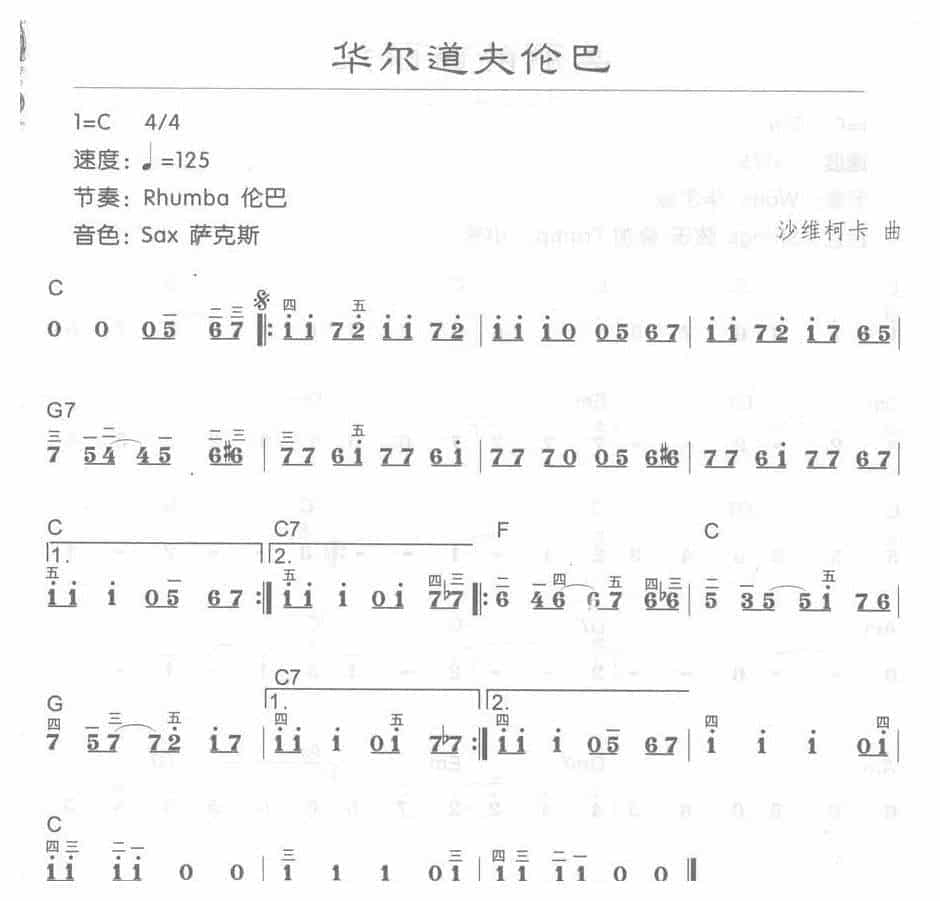 电子琴C大调a小调乐曲【华尔道夫伦巴】简谱带和弦_第1张