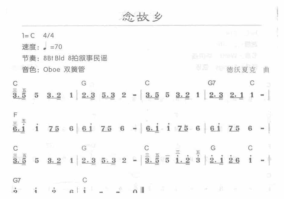 电子琴C大调a小调乐曲【念故乡】简谱带和弦_第1张