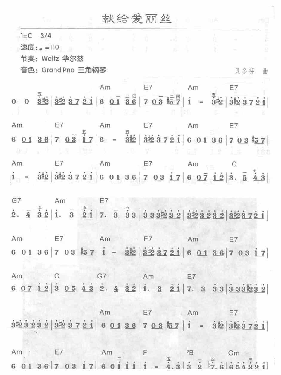 电子琴C大调a小调乐曲【献给爱丽丝】简谱带和弦_第1张