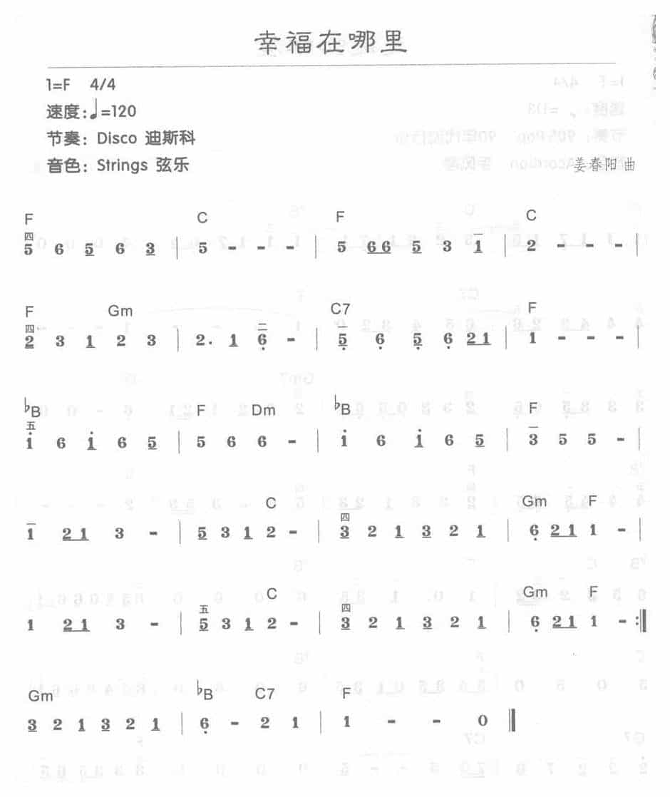 电子琴F大调d小调乐曲【幸福在哪里】简谱配和弦_第1张