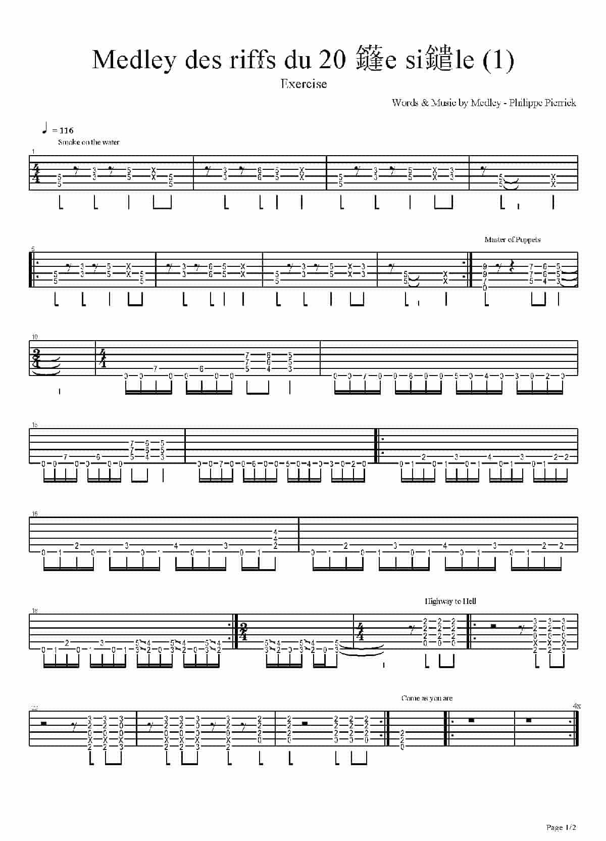 电吉他练习谱《Medley - Medley Des Riffs Du 20 me Sicle》_第1张